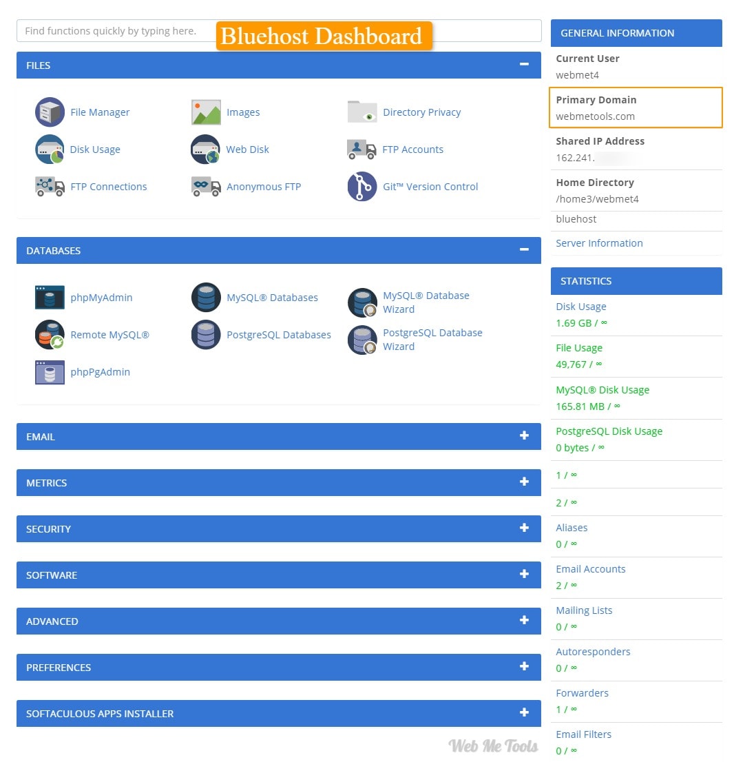 Bluehost cPanel Web Me Tools