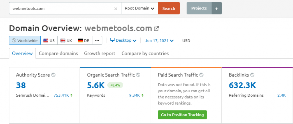 SEMrush webmetools.com domain stats