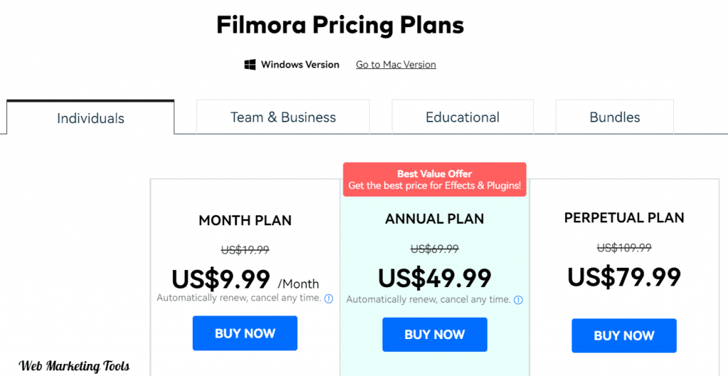 Filmora Pricing Plans Individual for Windows