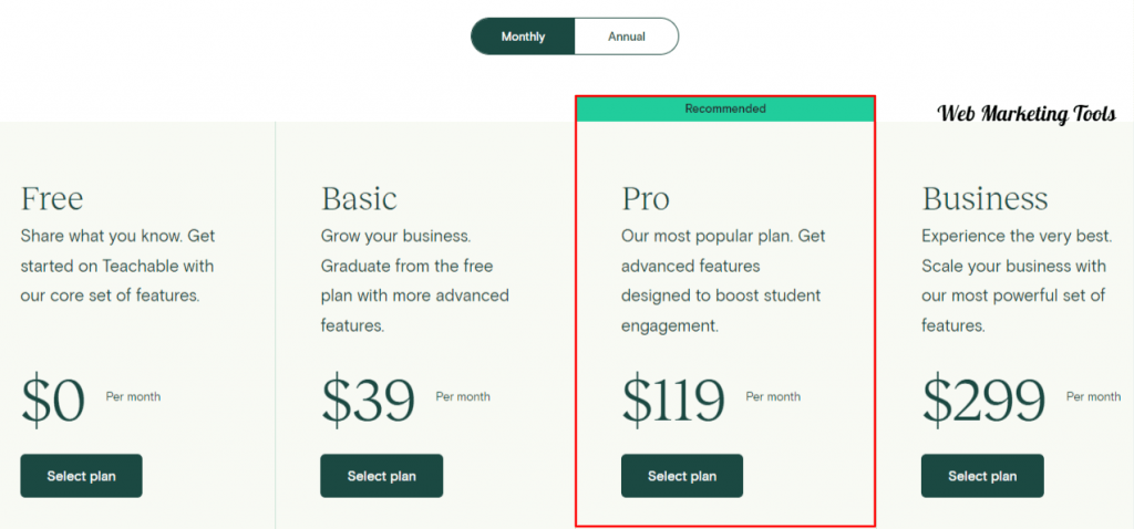 Teachable Pricing Plans Monthly