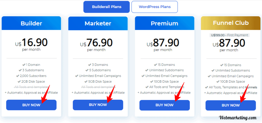 Builder all Pricing Plans