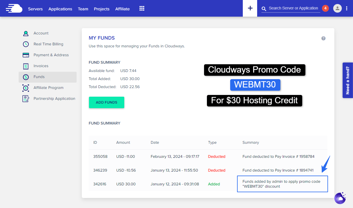 Cloudways Fund Section Screenshot with Cloudways Promo code Written