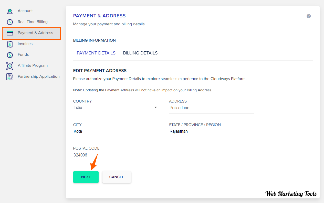 Enter Payment Details on Cloudways