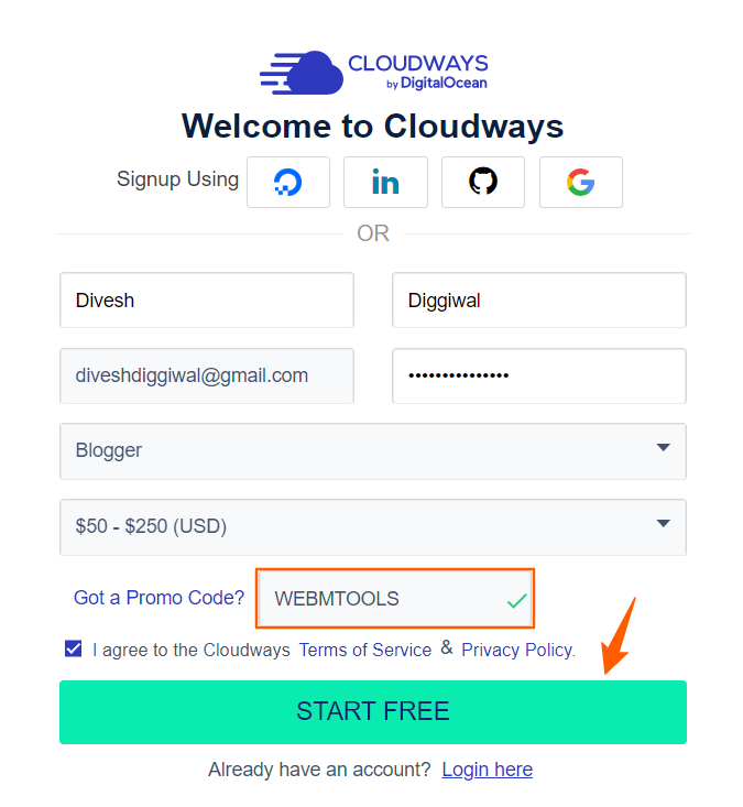 Cloudways Account Sign Up using WEBMTOOLS Promo Code edited