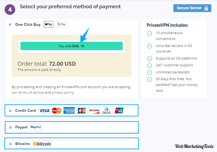 PrivateVPN payment method